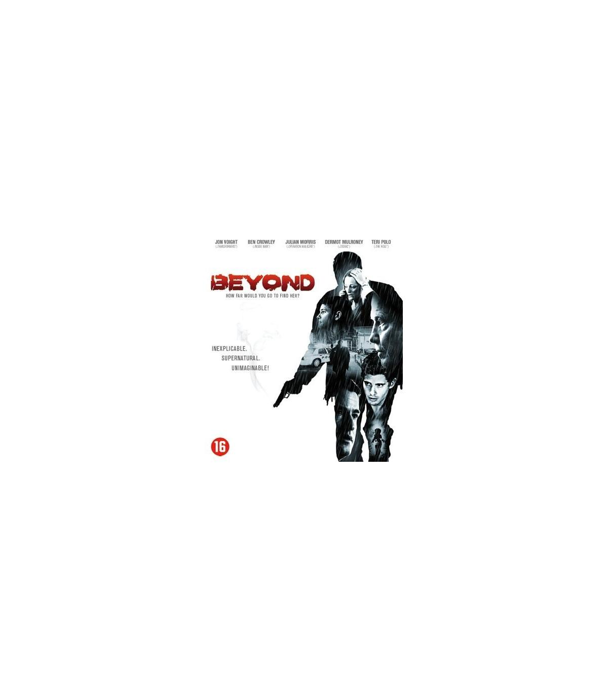 DVD-hoes voor 'Beyond'. Toont verschillende mensen, een met een pistool. De titel is zichtbaar.