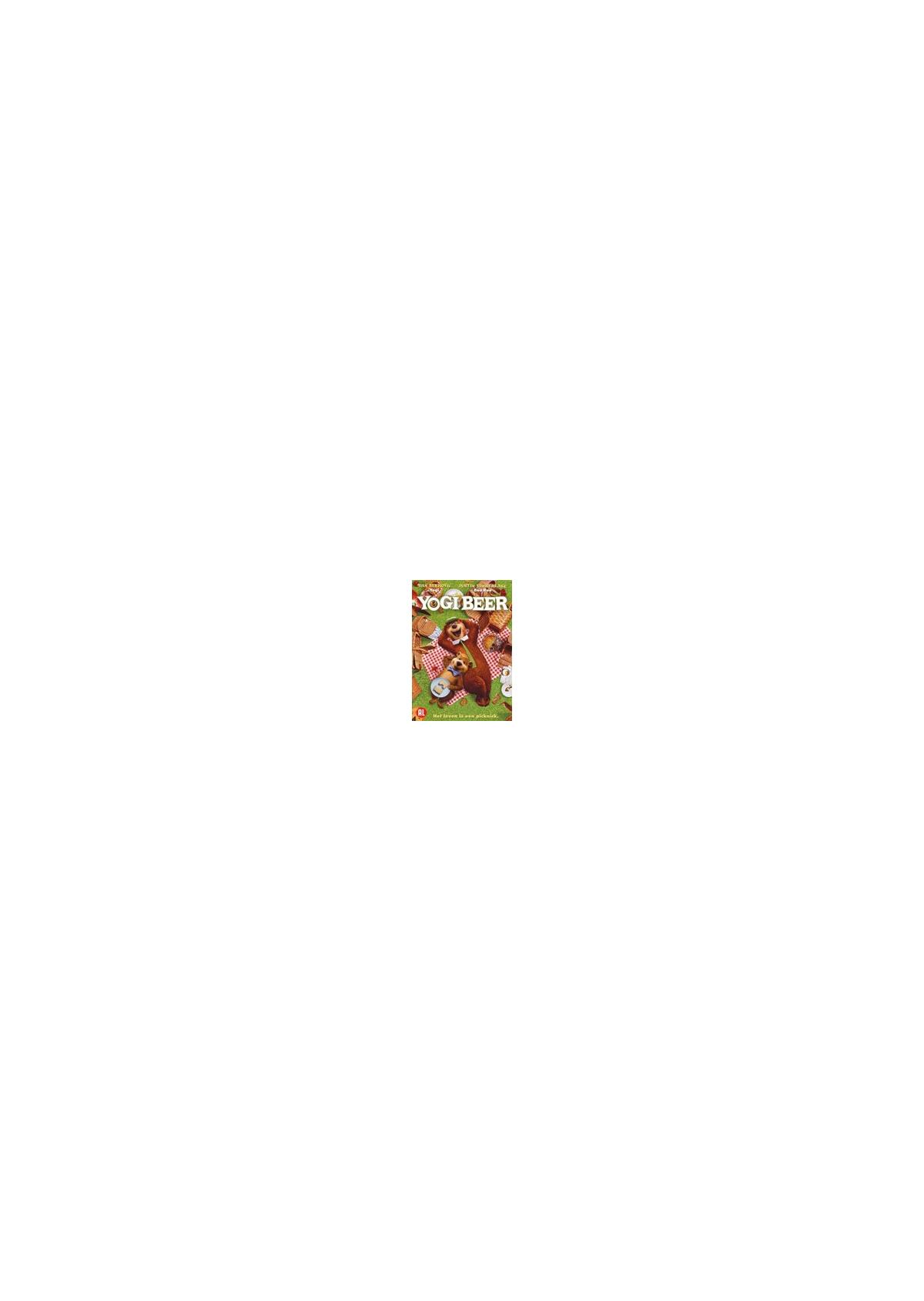 Couverture du film Yogi Bear. Ours et humains près d'un panier de pique-nique. Couleurs vertes, rouges et blanches.