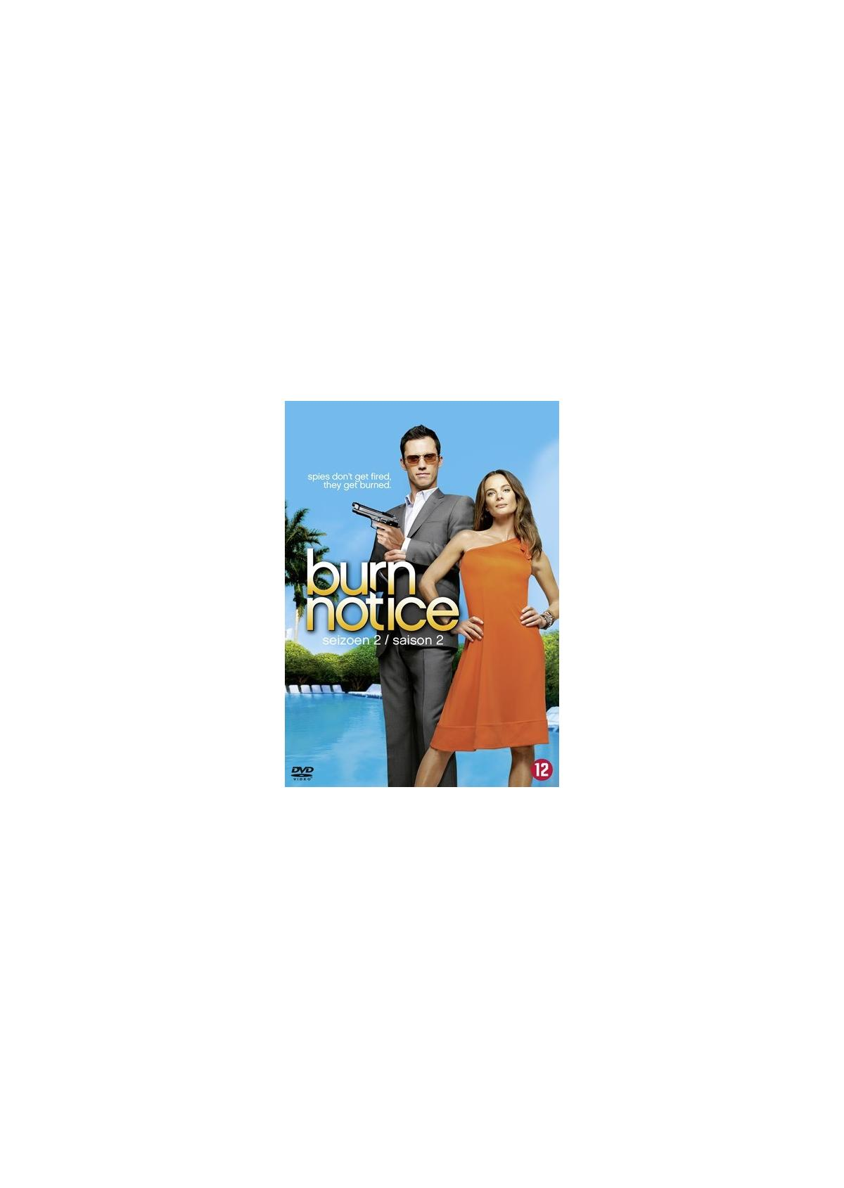 Affiche de film: Un homme avec une arme et une femme en robe. Titre: Burn Notice.