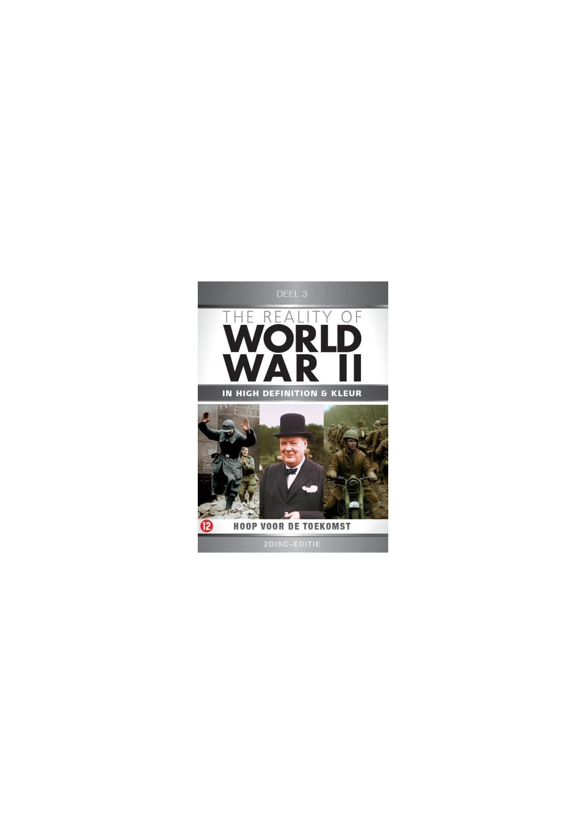 Couverture DVD avec le titre "The Reality of World War II". Avec Winston Churchill et des soldats dans une scène de guerre.