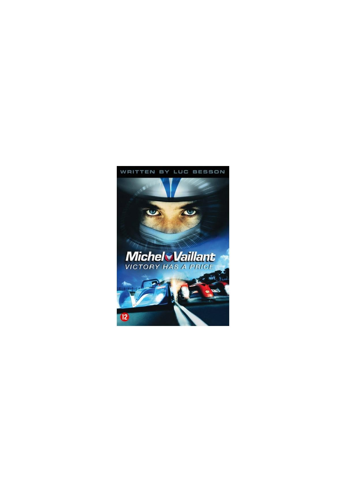 Affiche de film: Une femme en casque et des voitures. Titre: Michel Vaillant.