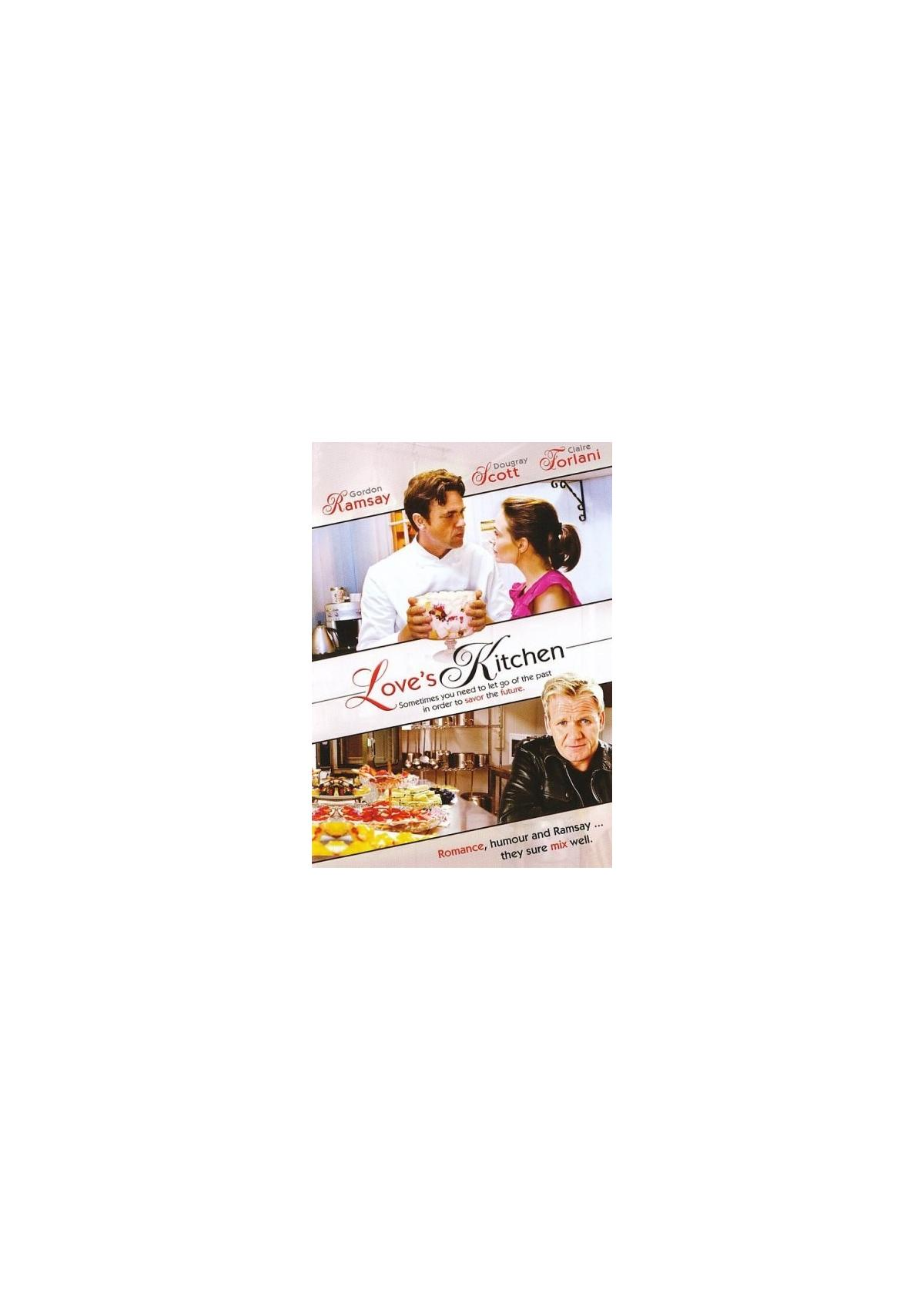 Omslag van Love's Kitchen met Ramsay. Toont een chef-kok in een keuken en een stel. Tekst staat op de cover.