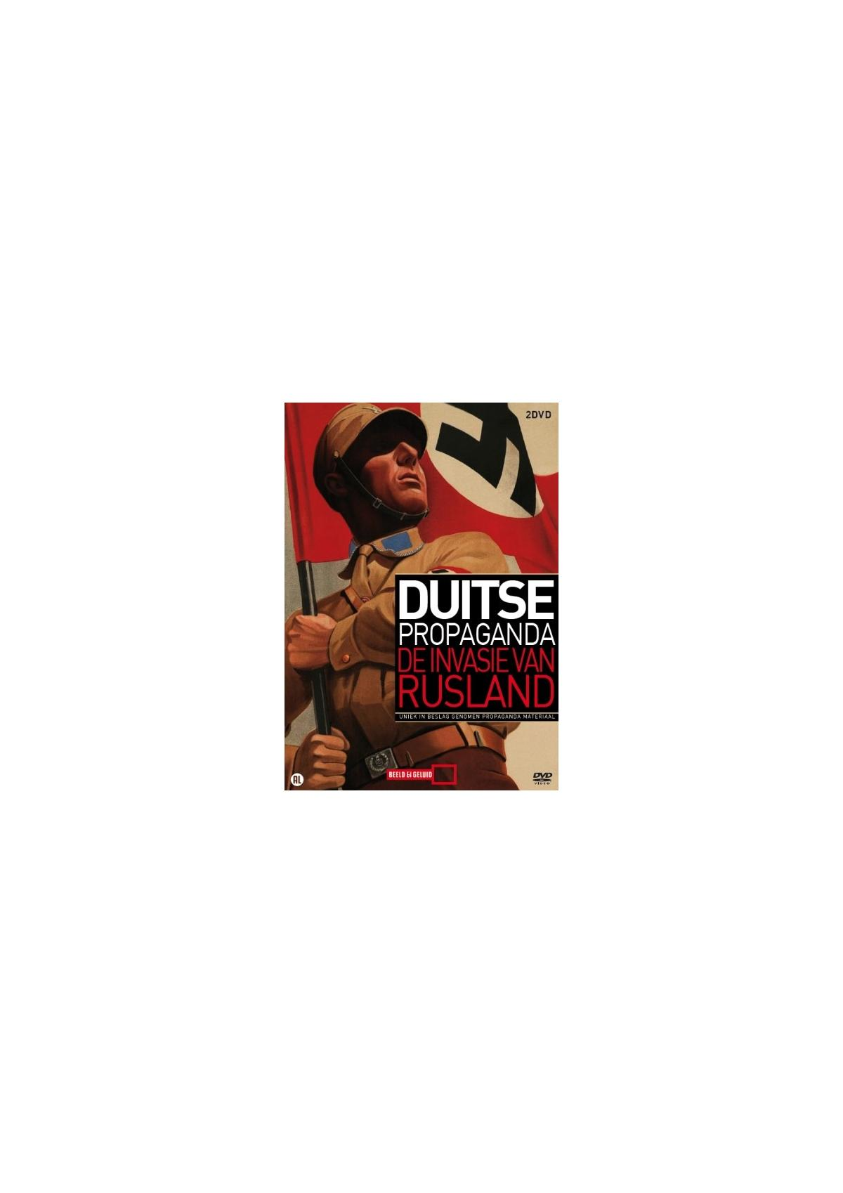 DVD-cover, 'Duitse Propaganda', met een soldaat die een vlag en een Nazi-symbool vasthoudt.