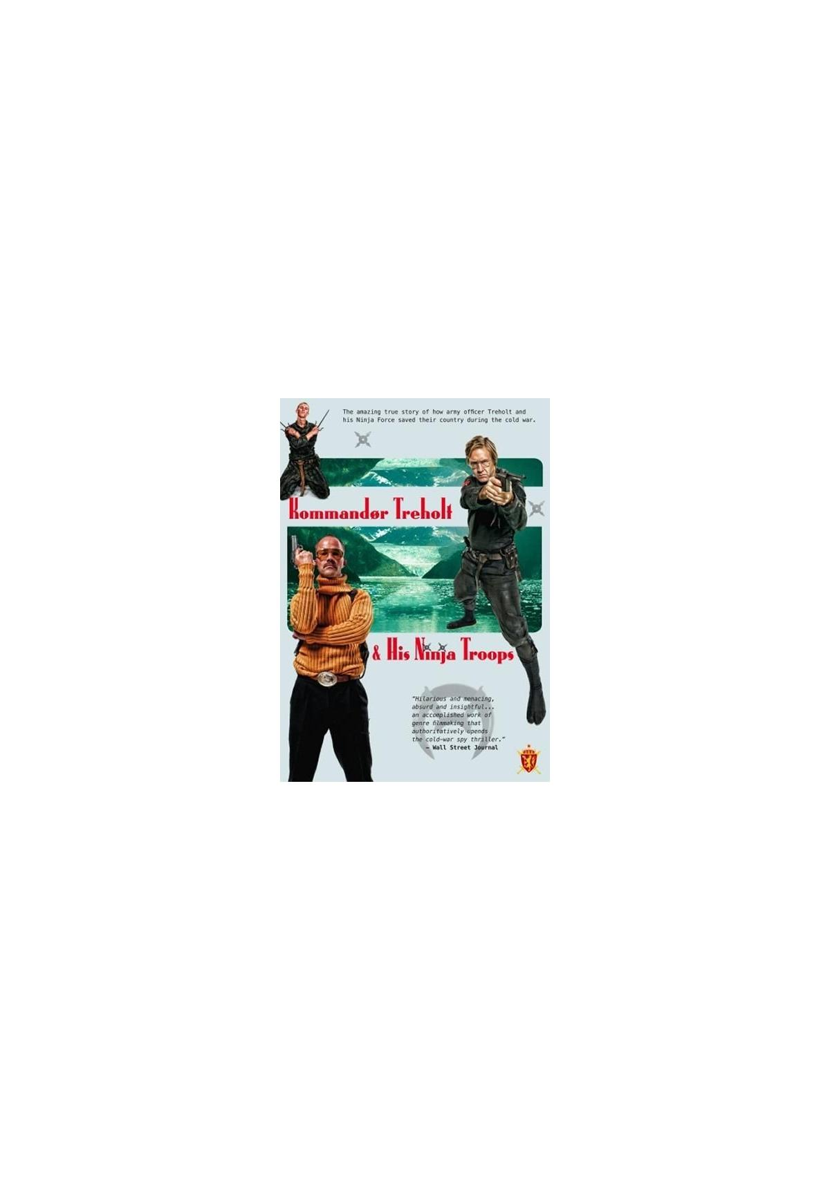 Couverture DVD avec trois hommes, un avec un pistolet, intitulé 'Kommandor Treholt & His Ninja Troops'.