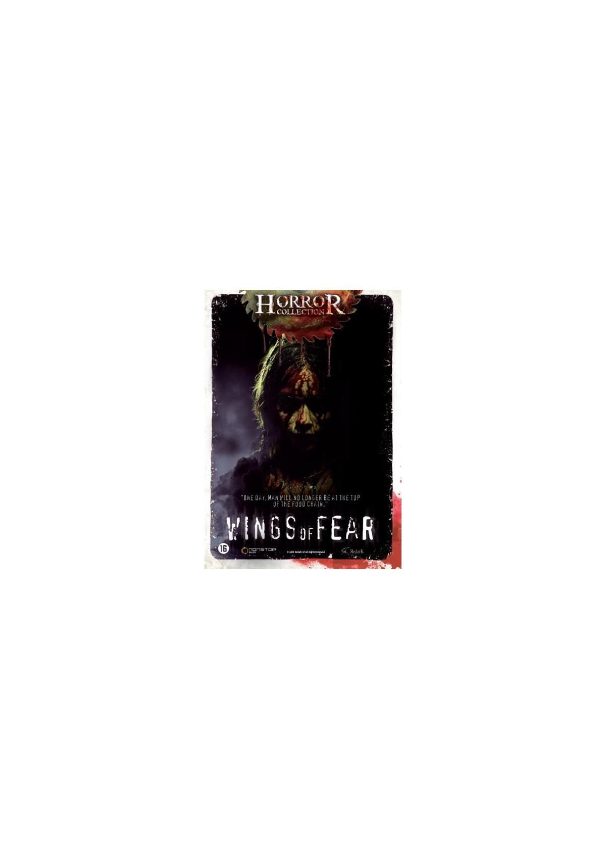 Affiche de film : Un visage effrayant avec le texte « Wings of Fear ».