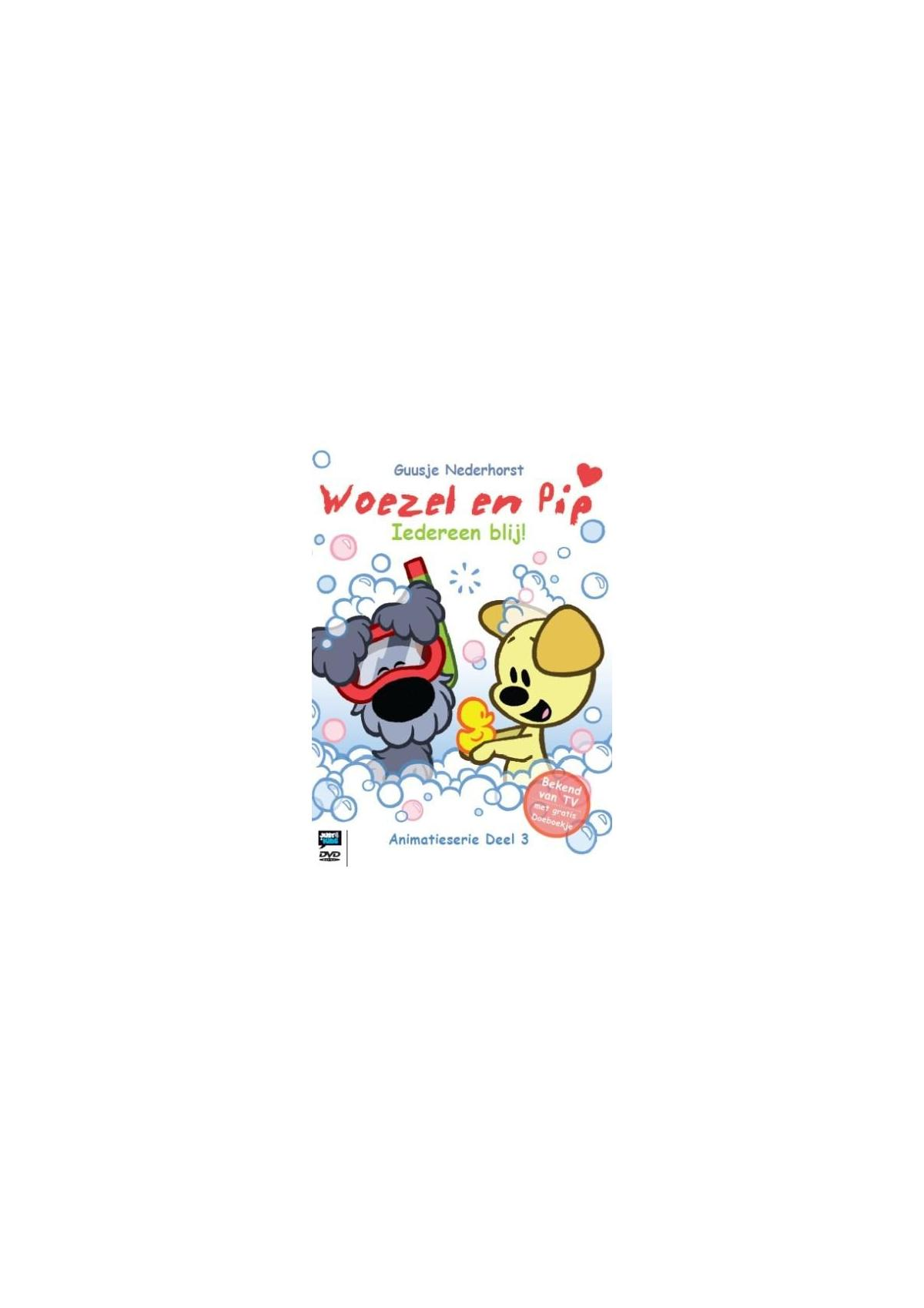 Woesel en Pip DVD-hoes. Twee cartoonhonden in bellen met titeltekst.