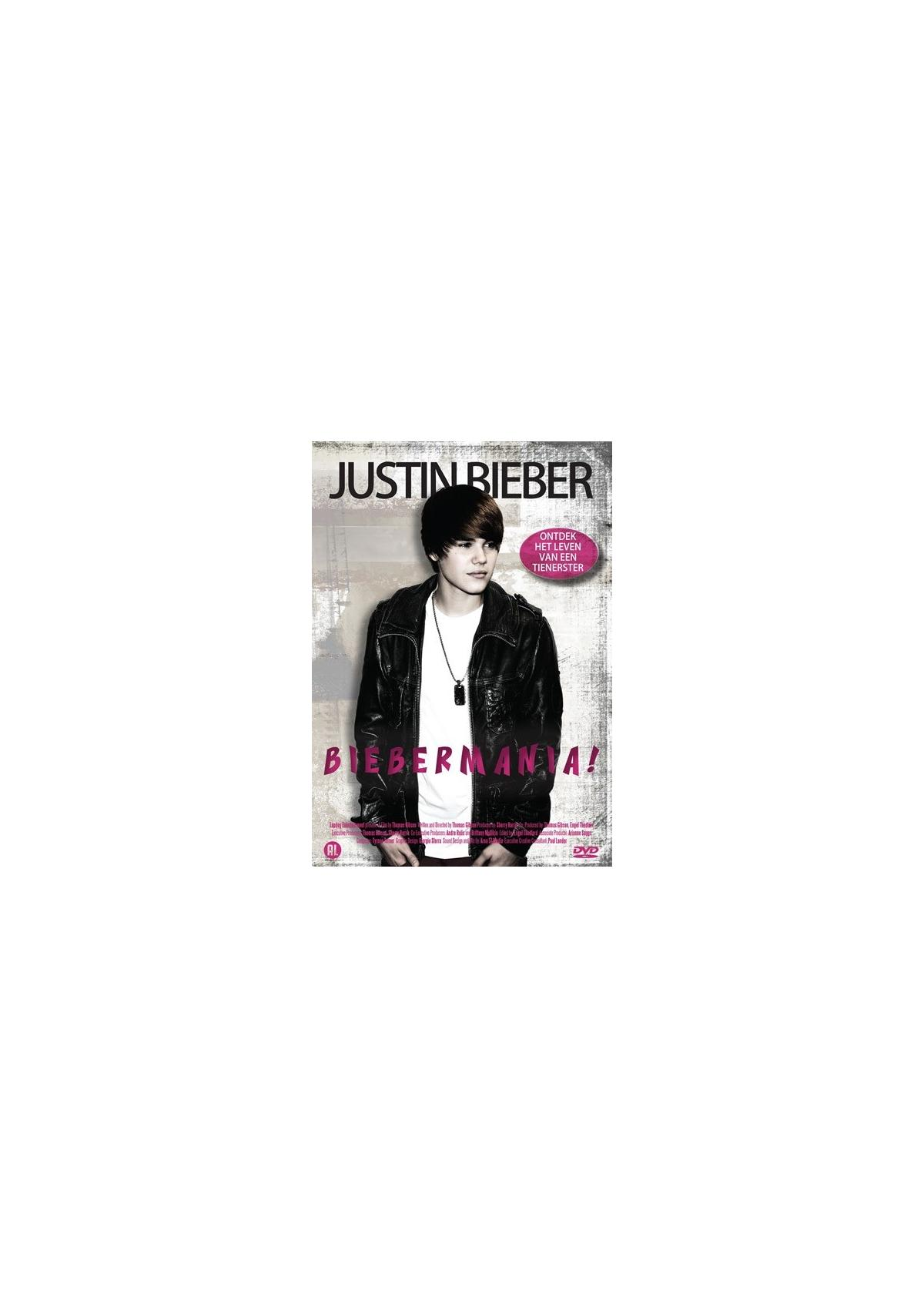 Pochette DVD de Justin Bieber, avec une photo de lui en veste.