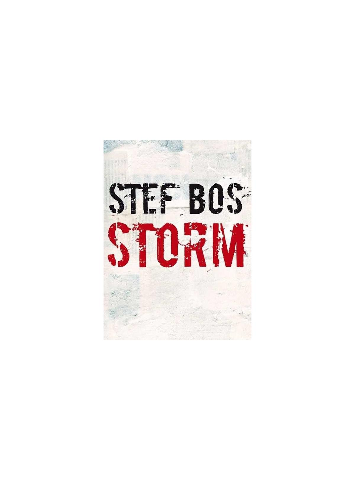 Stef Bos Storm boekomslag. De titel is rood en zwart op een witte achtergrond.