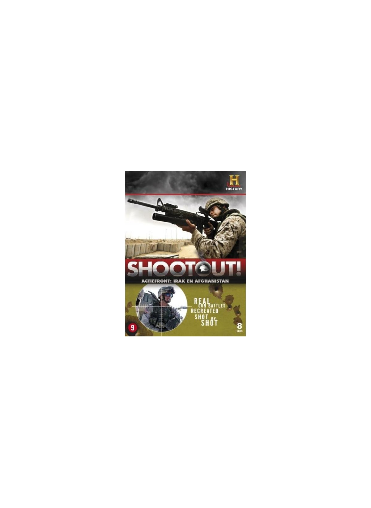 Filmposter met een soldaat die met een geweer richt. Titel: Shootout! Bevat soldaten en een History-logo.
