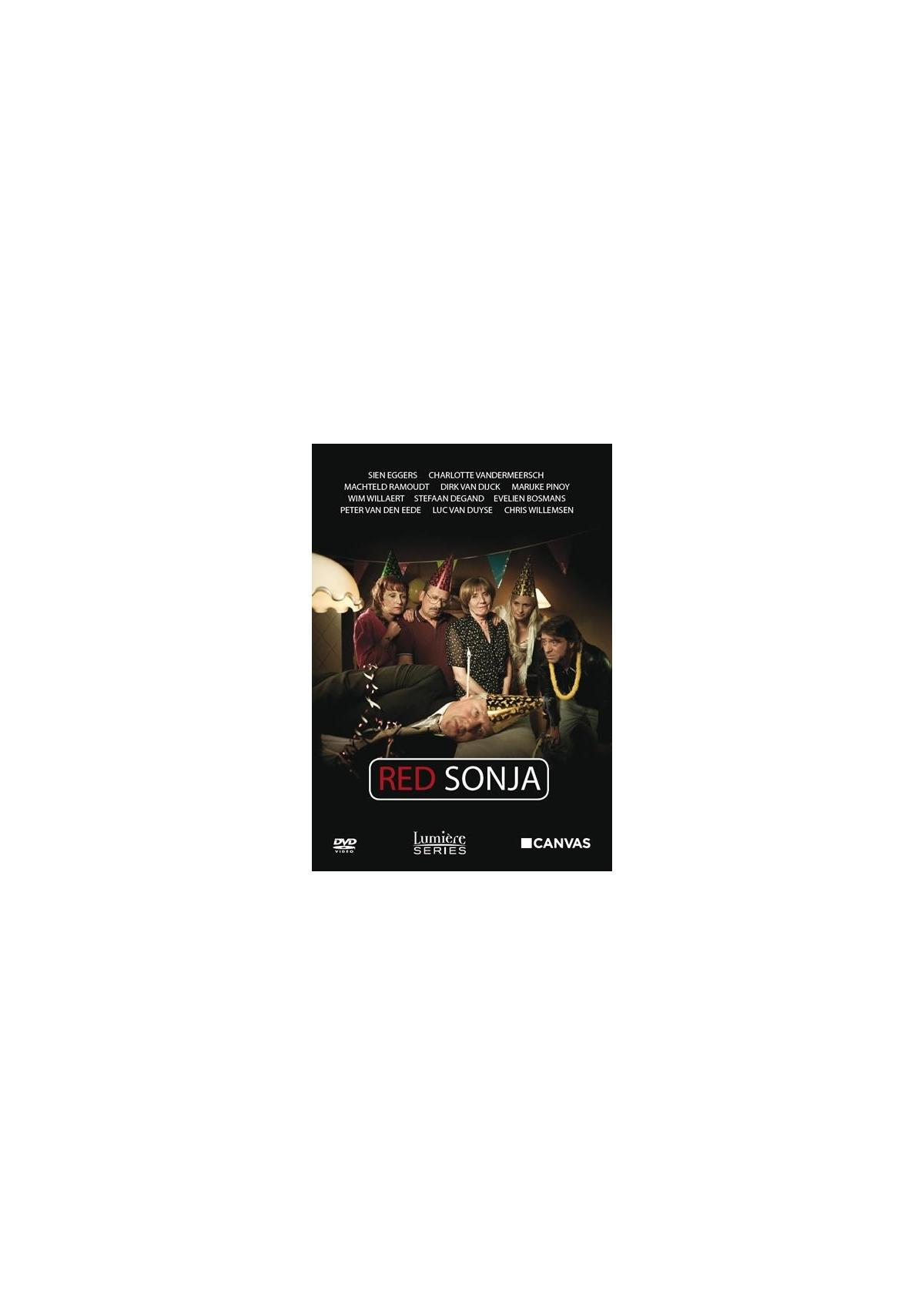 DVD-hoes van Red Sonja. Groep mensen op een podium. Tekst: Red Sonja, Canvas en namen van de cast.