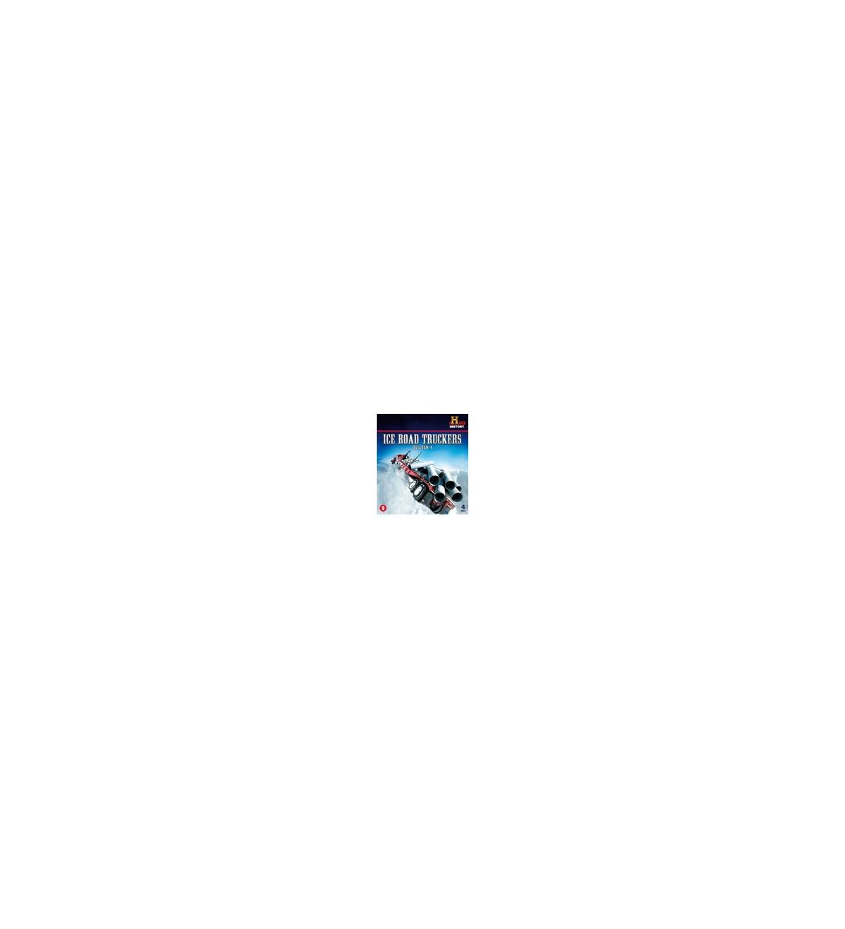 Affiche du film 'ICE ROAD TRUCKERS'. Un camion sur la glace, avec un fond bleu et blanc.