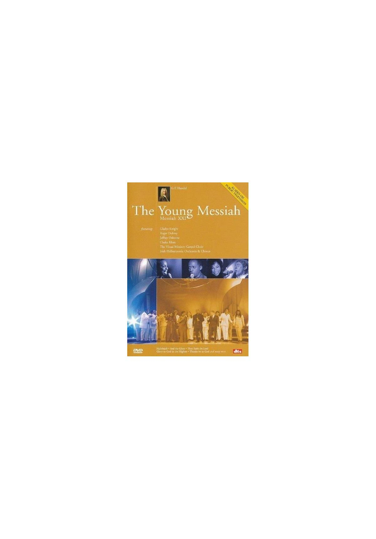 DVD-hoes voor "The Young Messiah". Het bevat een foto van de cast en de titel in goud en zwart.