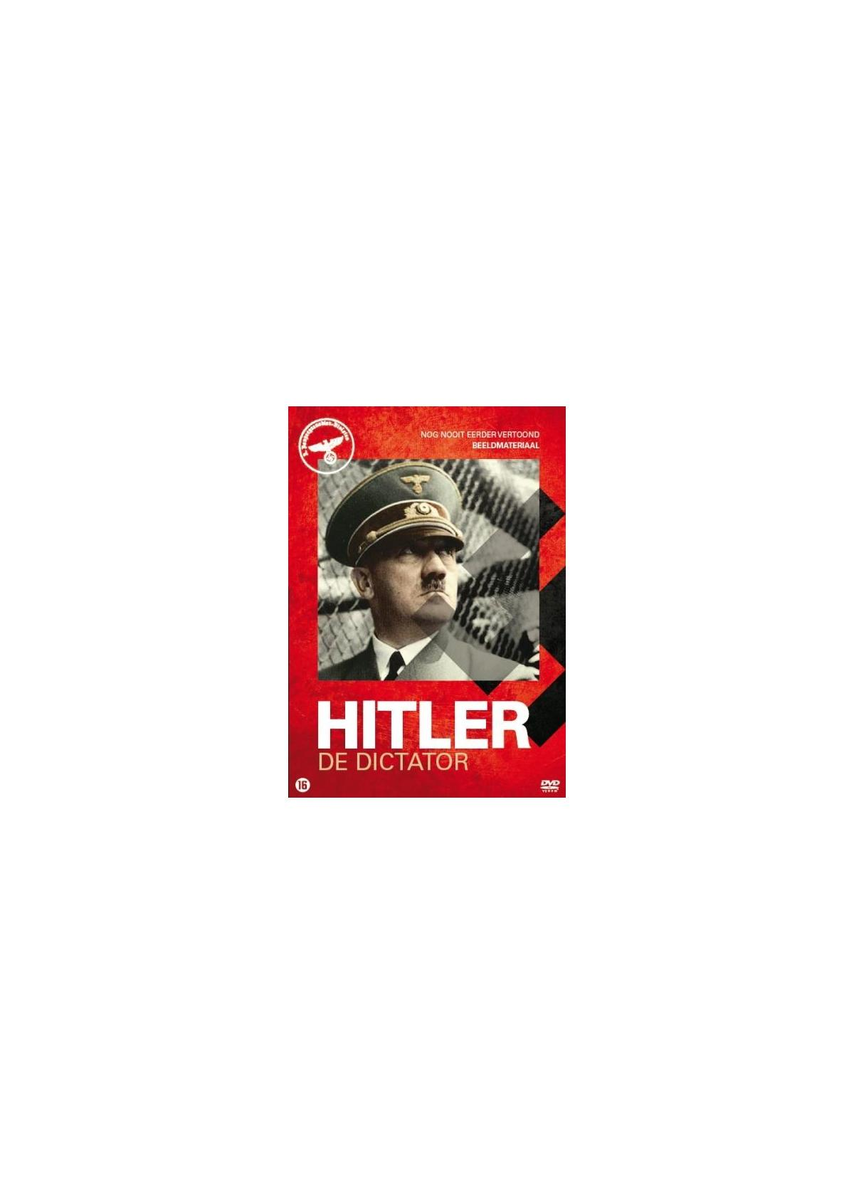 Affiche du film "Hitler: De Dictator" avec le portrait d'Hitler dans un cadre rouge.