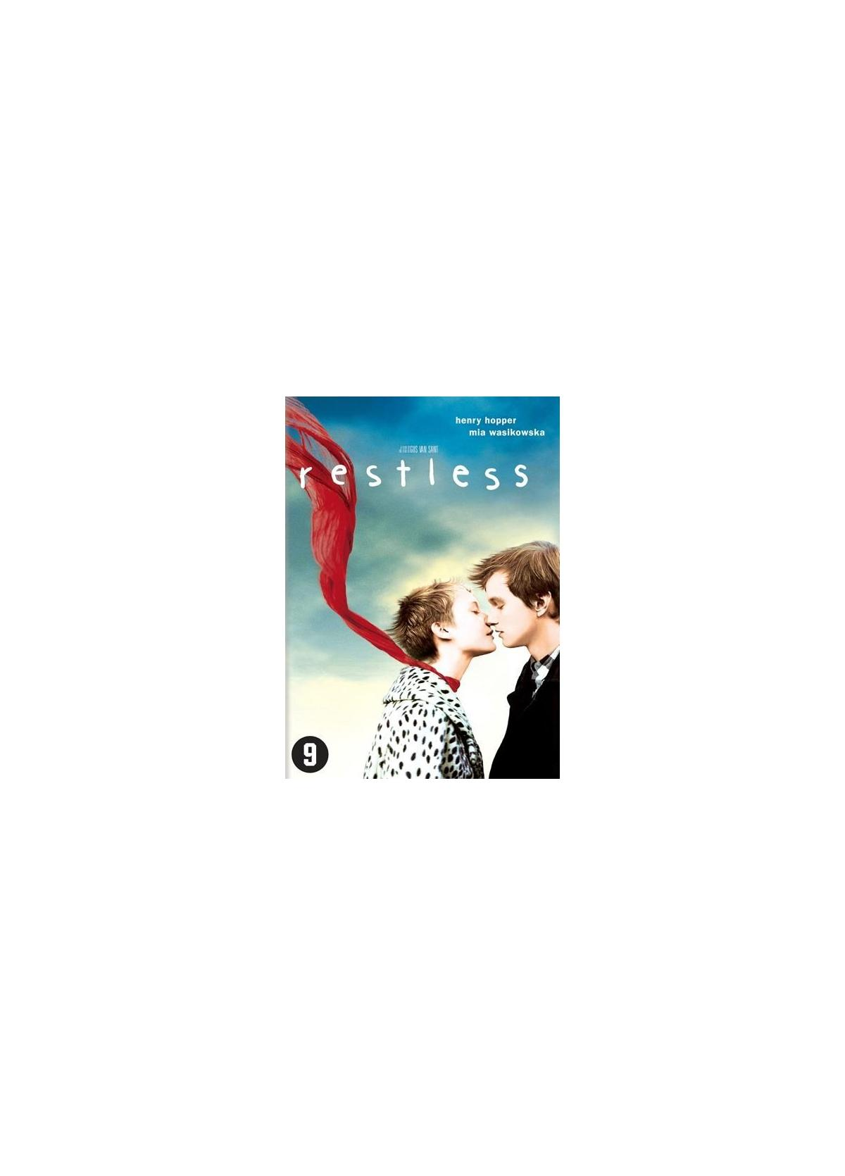 DVD-hoes: twee mensen die kussen, met een rood lint erboven. Titel: Restless.