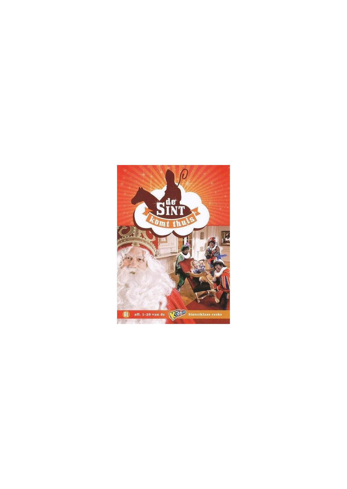 Couverture de DVD avec le Père Noël et le texte 'de SINT komt thuis'. Thème enfantin néerlandais.