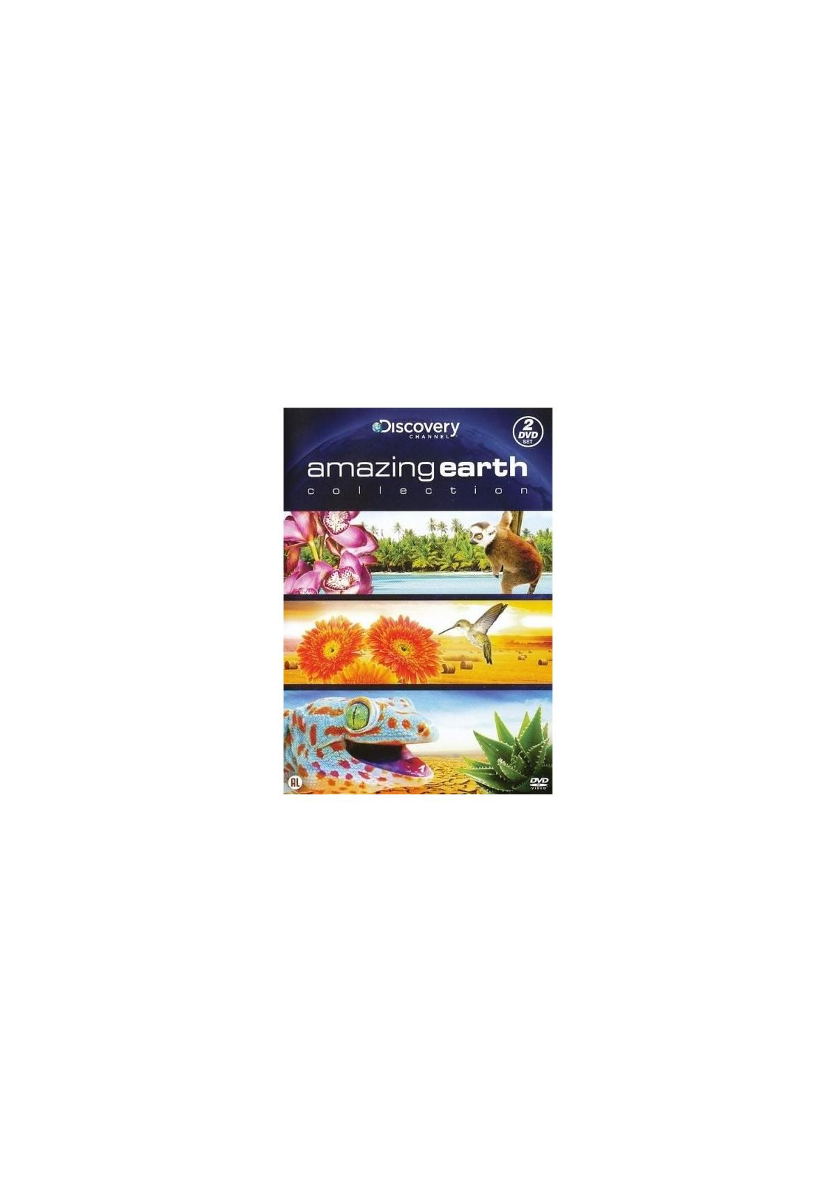 DVD-hoes: Amazing Earth Collection. Afbeeldingen van bloemen, een vogel en een gekko worden getoond.