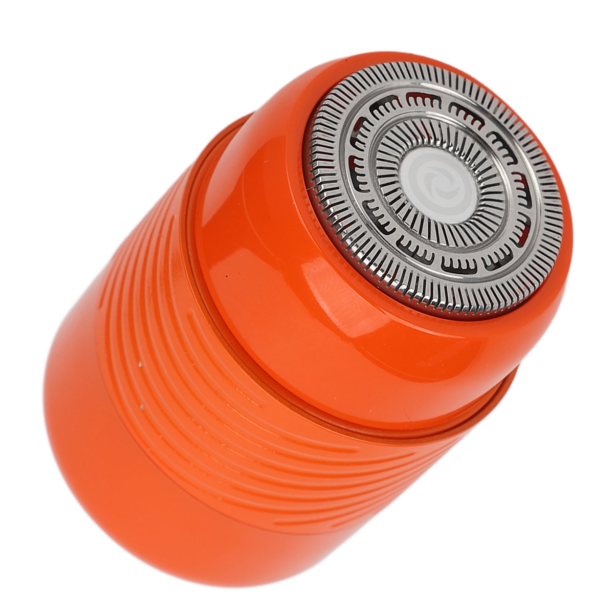 Orangener Elektrorasierer mit silberfarbenem Scherkopf. Draufsicht auf weißem Hintergrund.