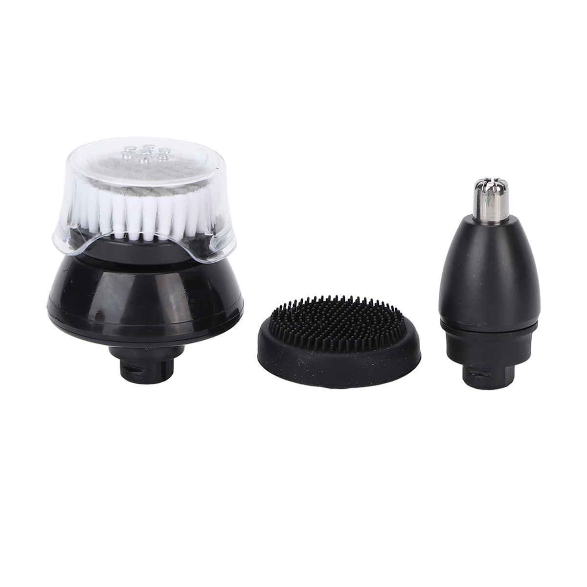 Drei schwarze Aufsätze für einen Trimmer. Eine Bürste, ein Gesichtsreinigungsaufsatz und ein Nasenhaartrimmer.