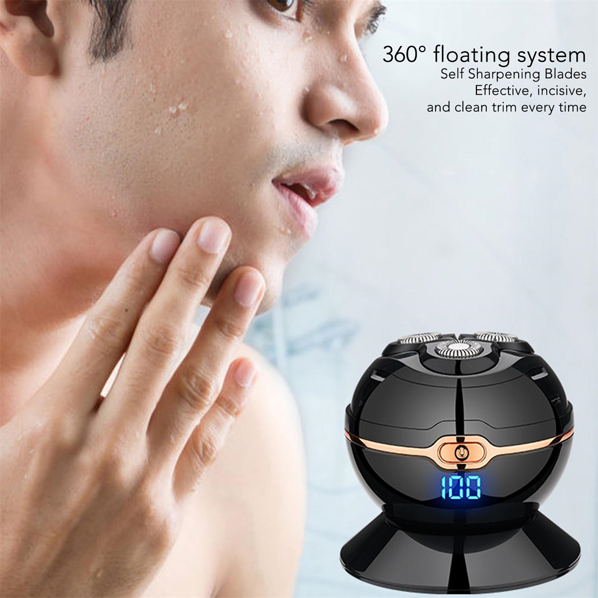 Ein Mann rasiert sich mit einem schwarz-silbernen Elektrorasierer. Text lautet: 360° Floating System.