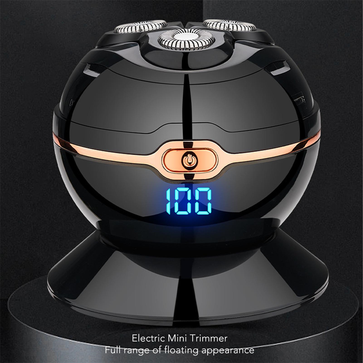 Schwarzer elektrischer Mini-Trimmer mit Digitalanzeige, die 100 zeigt. Roségoldfarbener Akzentring.