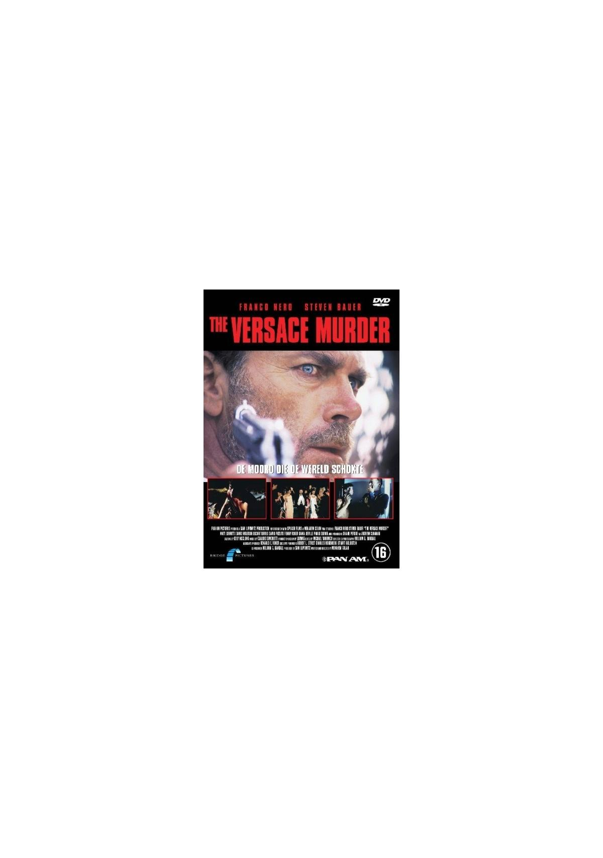 DVD-hoes: Man met blauwe ogen. Titel: 'THE VERSACE MURDER'.