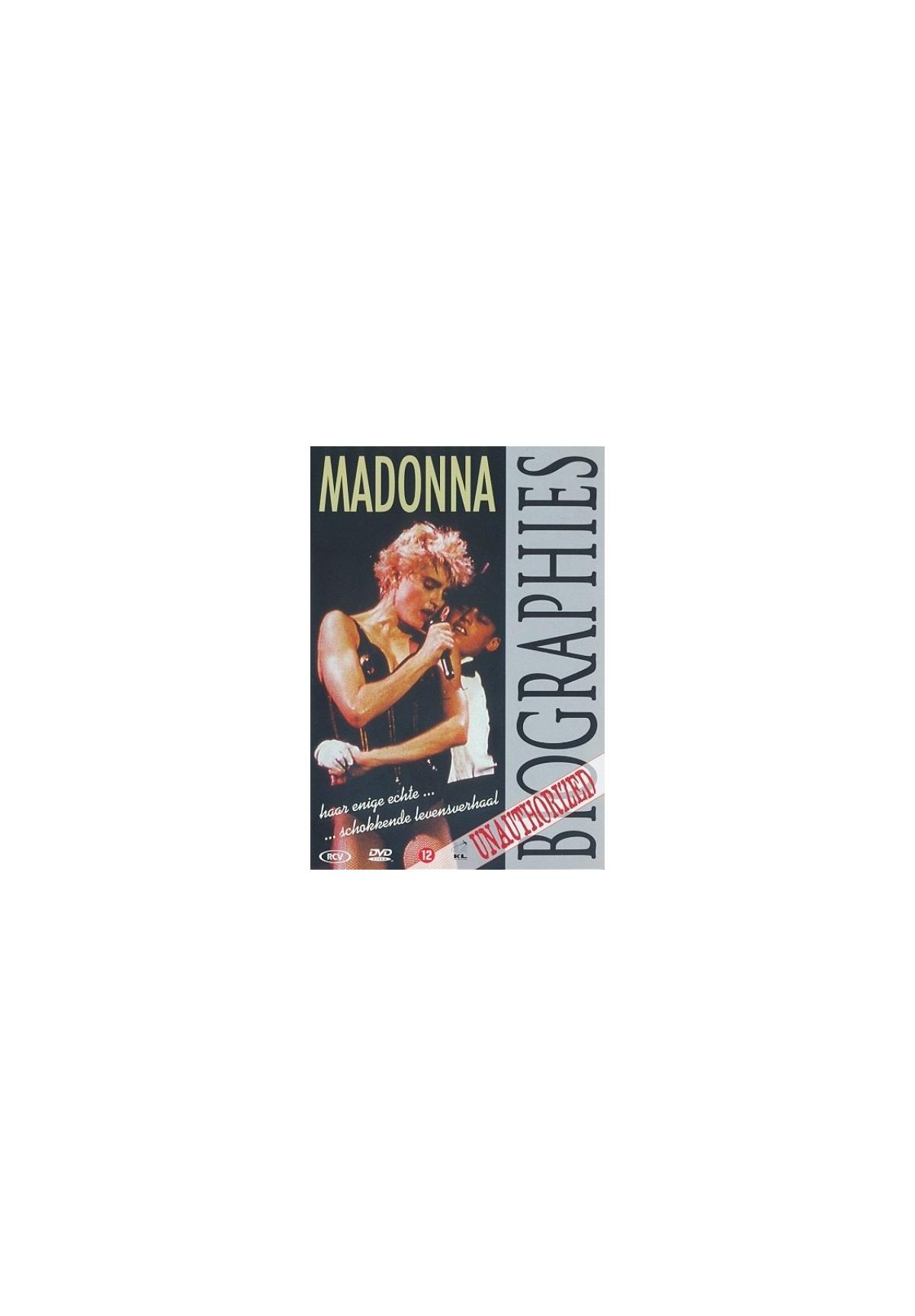 Filmposter. Madonna op een podium. De titel is "Madonna Biographies Unauthorized".