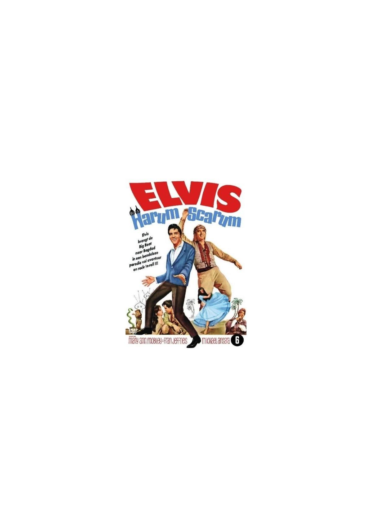 DVD-hoes voor "Harum Scarum" met Elvis Presley, met titel in rood en blauw.