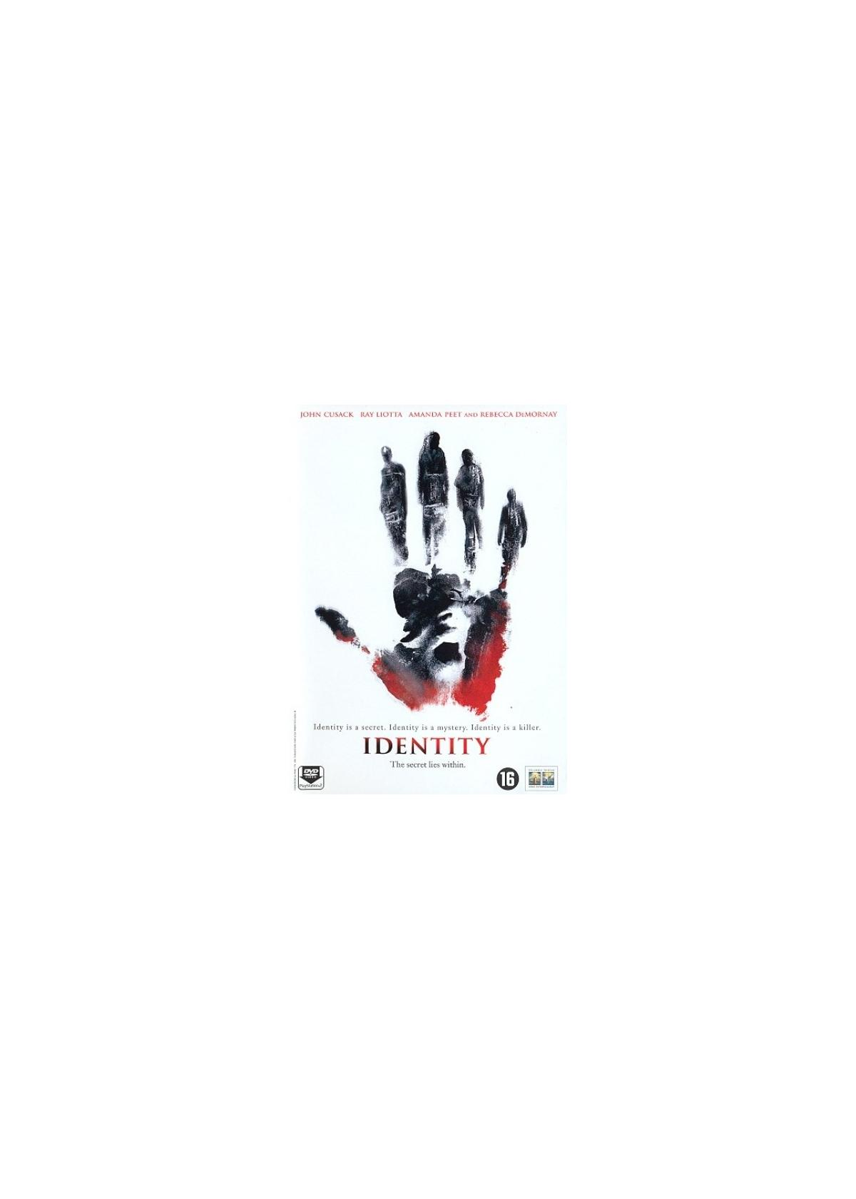 Filmaffiche: Een handafdruk met mensen en tekst 'IDENTITY'.