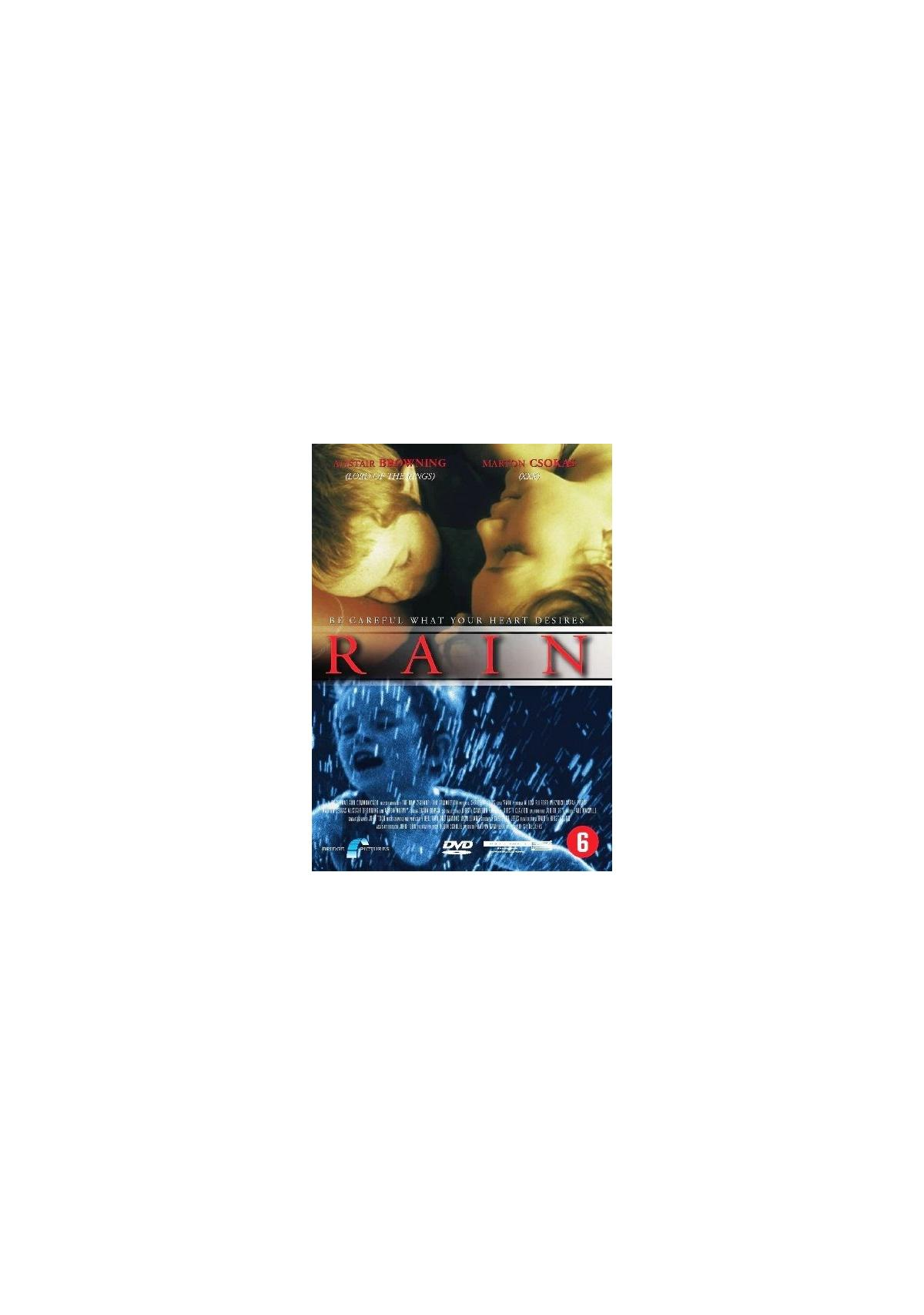 Filmaffiche: Een persoon en een kind in de regen. Tekst: 'RAIN'.