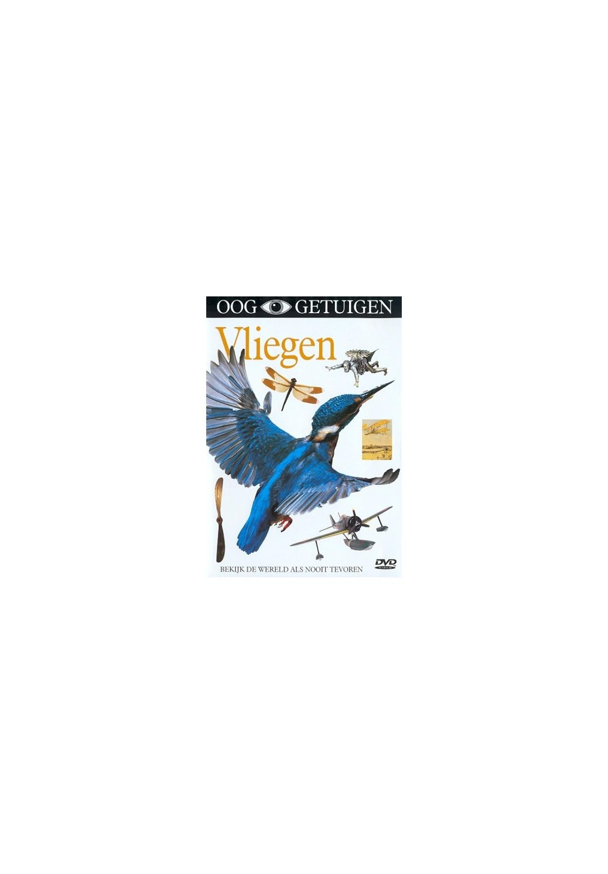 DVD-hoes: Blauwe vogel vliegt, insecten en titel: 'Vliegen'.