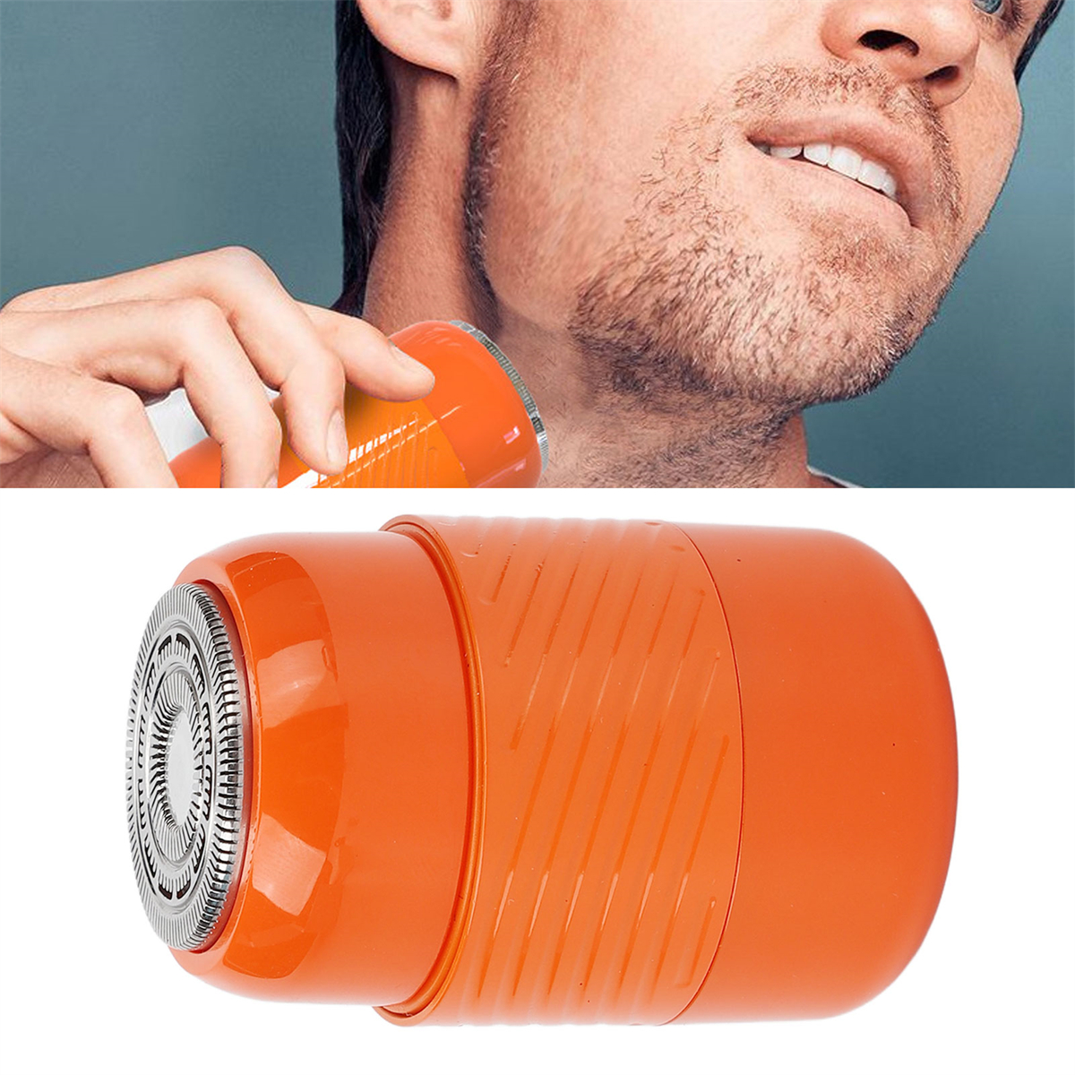 Mann rasiert sich mit orangem Elektrorasierer, Nahaufnahme.