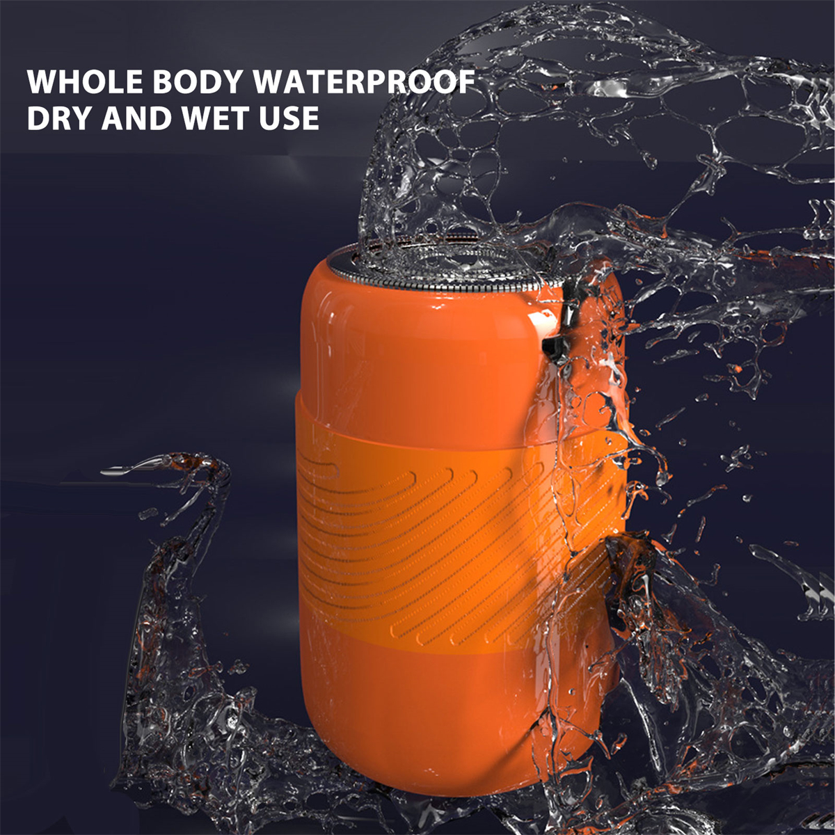 Ein orangefarbener Elektrorasierer, um den herum Wasser spritzt, auf dunklem, blauem Hintergrund.