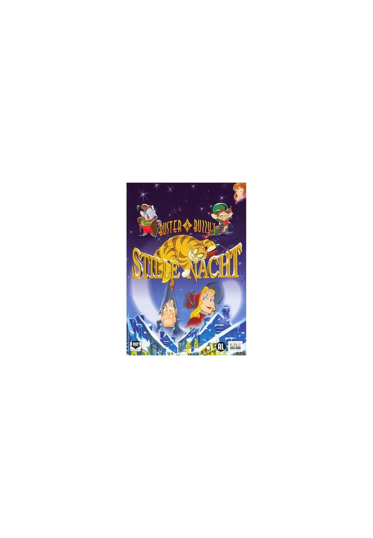 DVD-hoes voor "Buster & Burry, Silent Night" met tekenfilmfiguren, met een blauw en wit thema.