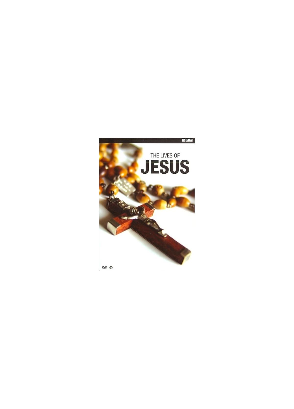 Couverture du livre : « Les vies de Jésus » avec un chapelet et une croix. Couleurs marron et blanc.