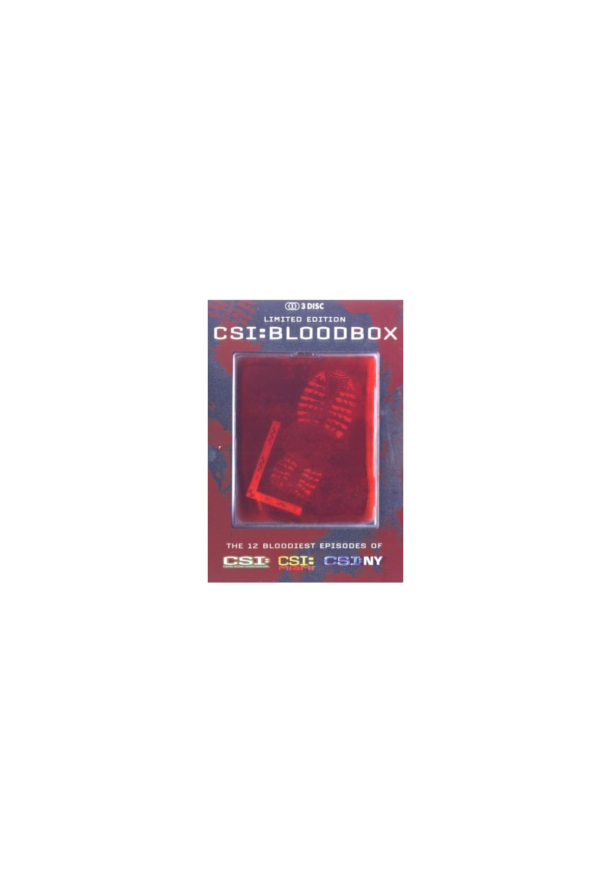 CSI: Bloodbox DVD-hoes. Rode doos met een voetafdruk en het CSI-logo.
