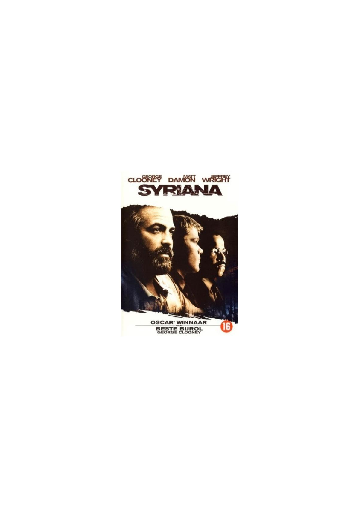 DVD-hoes met gezichten van Clooney, Damon, Wright. De film is Syriana.