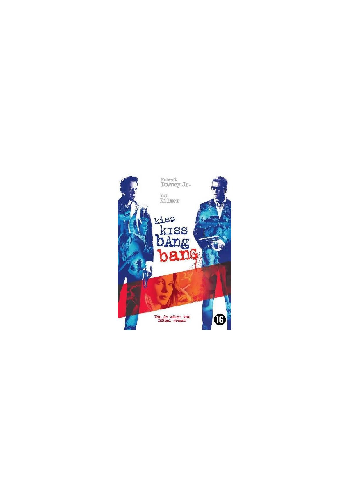 Couverture DVD pour 'Kiss Kiss Bang Bang'. Deux hommes avec une femme. Texte : Kiss Kiss Bang Bang.