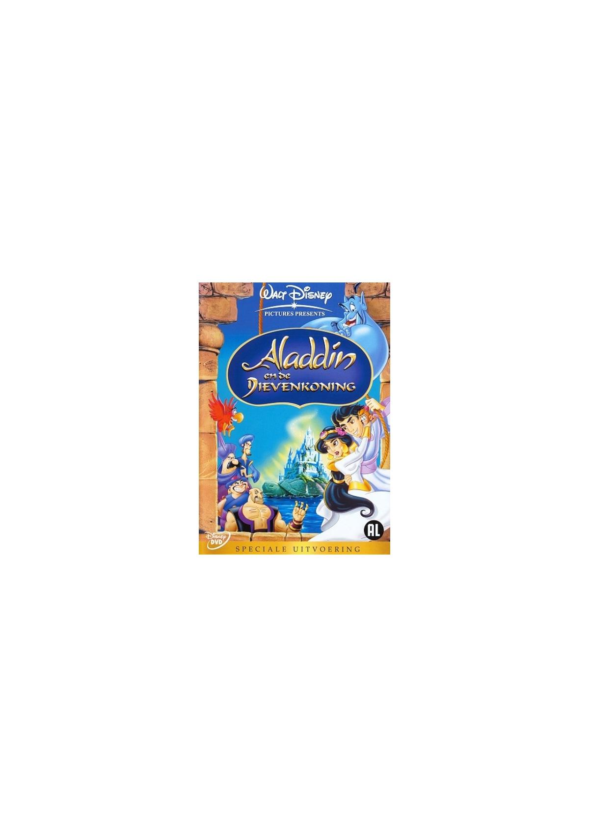 Couverture du DVD d'Aladdin. Aladdin, Génie, Jasmine et Jafar sont représentés sur fond bleu.