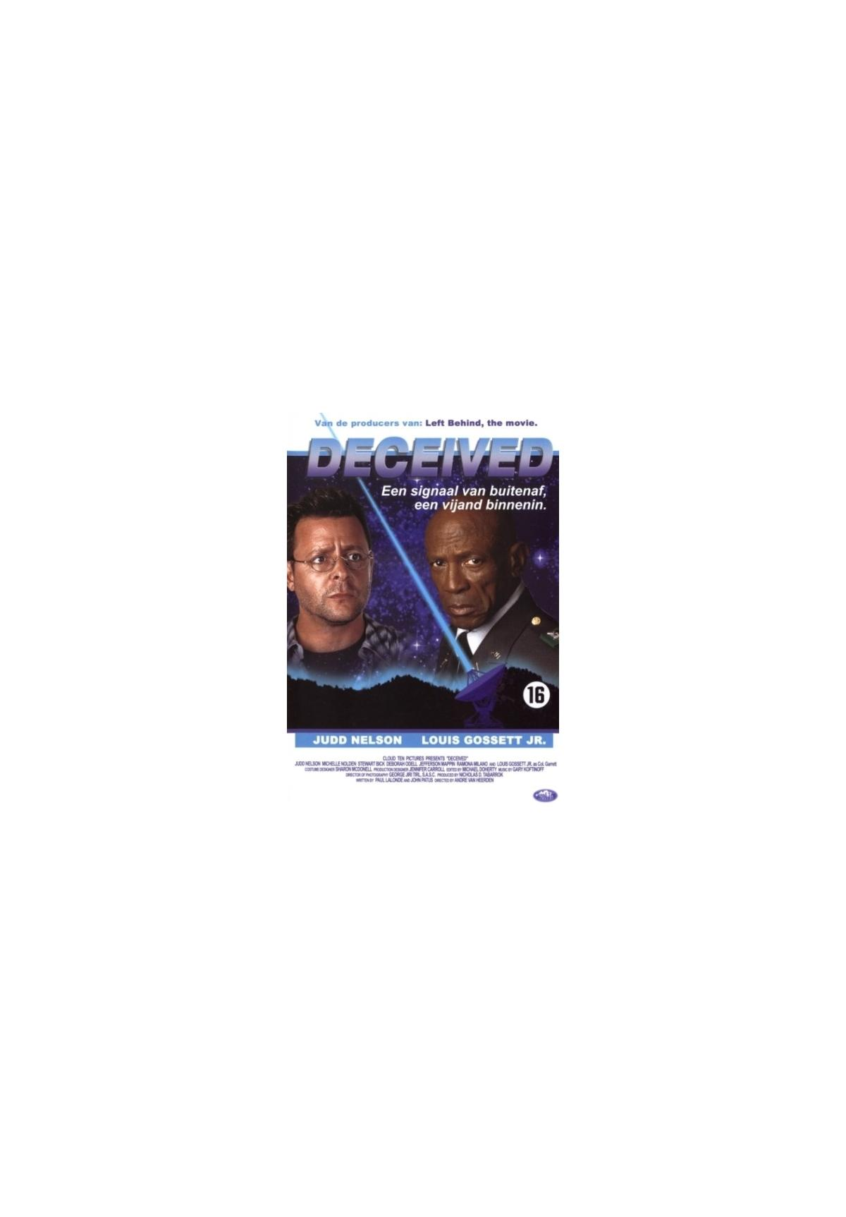 Deceived-filmposter. De gezichten van twee mannen staan op de cover, met blauwe en witte kleuren.