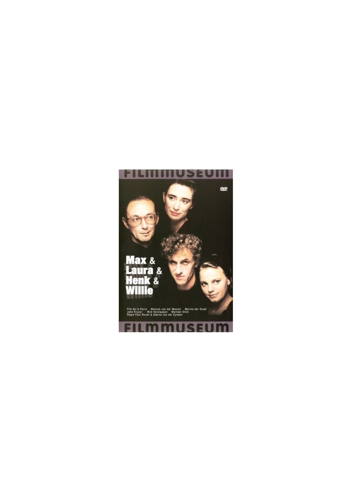 Filmposter van 'Max & Laura & Henk & Willie', vijf mensen op een donkere achtergrond, film museum logo.
