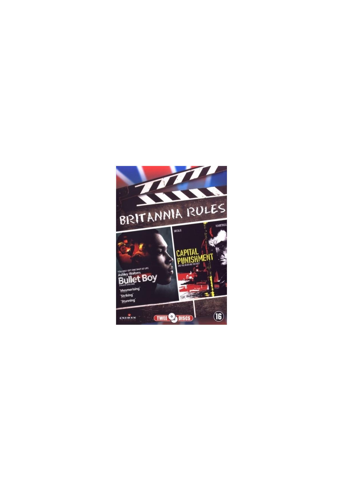 Affiche du film 'Britannia Rules' avec deux couvertures de films. Texte et un clap de cinéma.