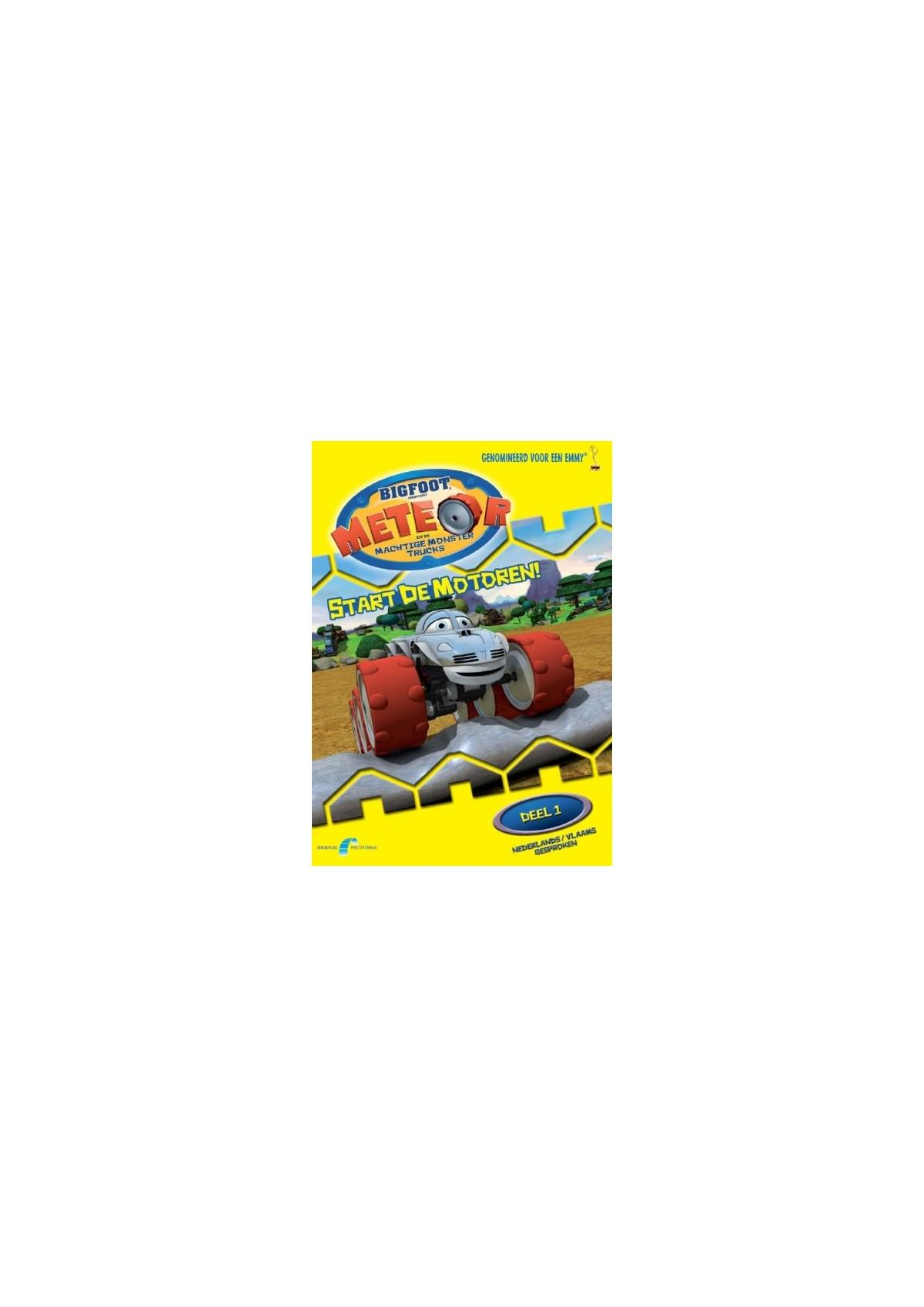 Filmposter: Bigfoot, een cartoon monstertruck met rode wielen, op een gele achtergrond.