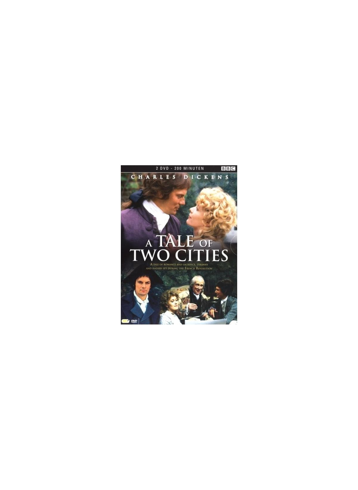 Couverture du film : A Tale of Two Cities. Deux personnes au centre, autres en bas.