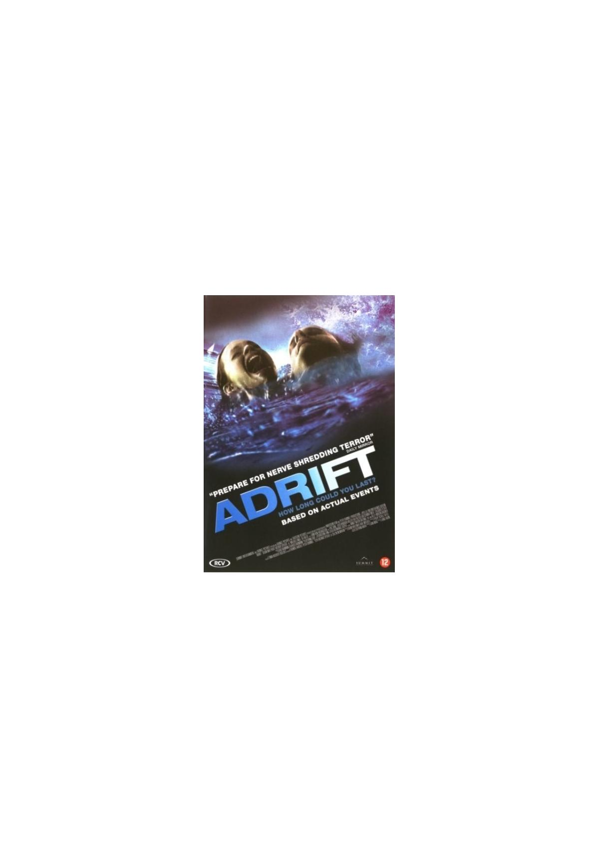 Filmposter. Twee mensen in het water, titel 'Adrift'.