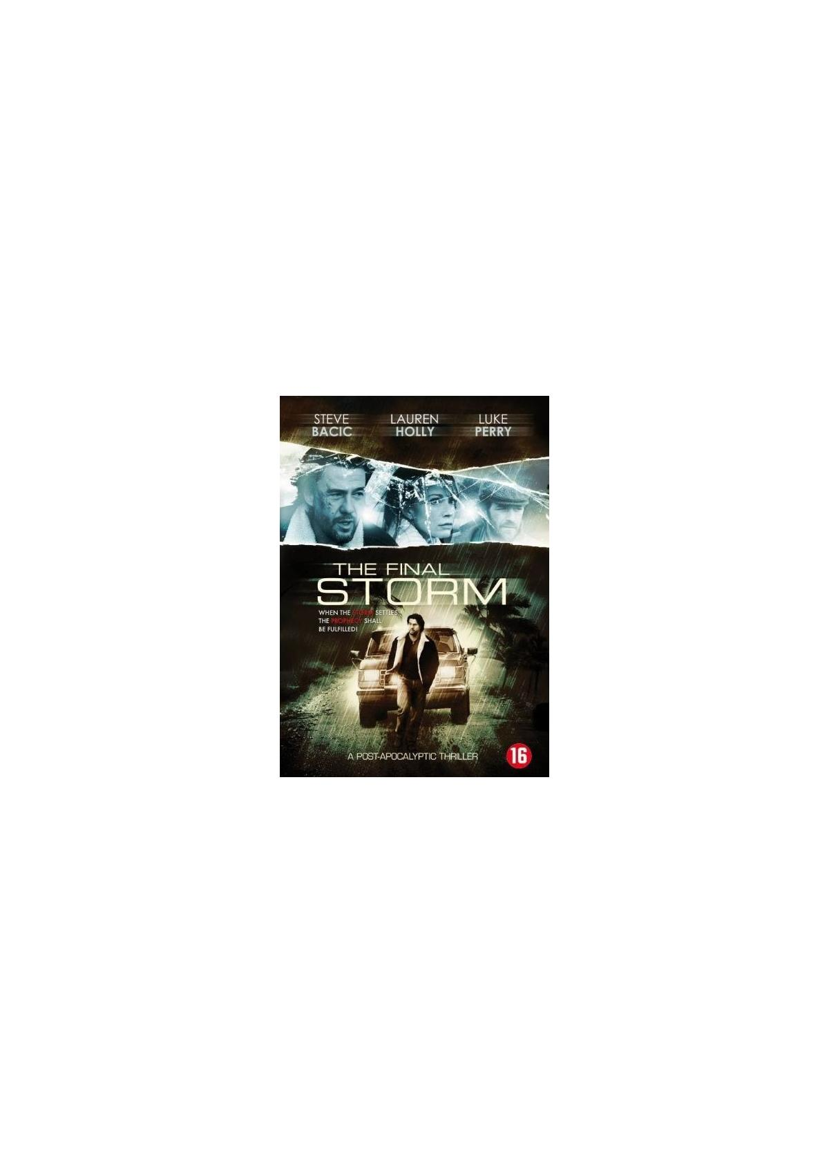 Filmposter. Drie gezichten bovenaan, een vrouw voor een auto. Titel: The Final Storm.