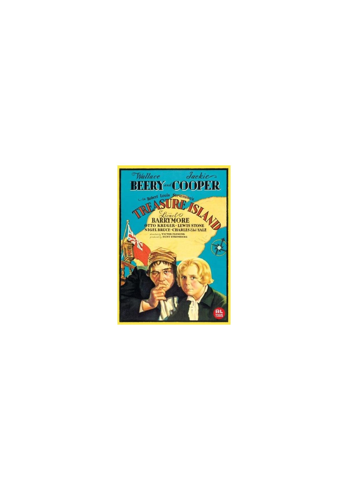 Treasure Island-filmposter. Twee mannen staan op de cover, met een piratenthema en blauwe achtergrond.