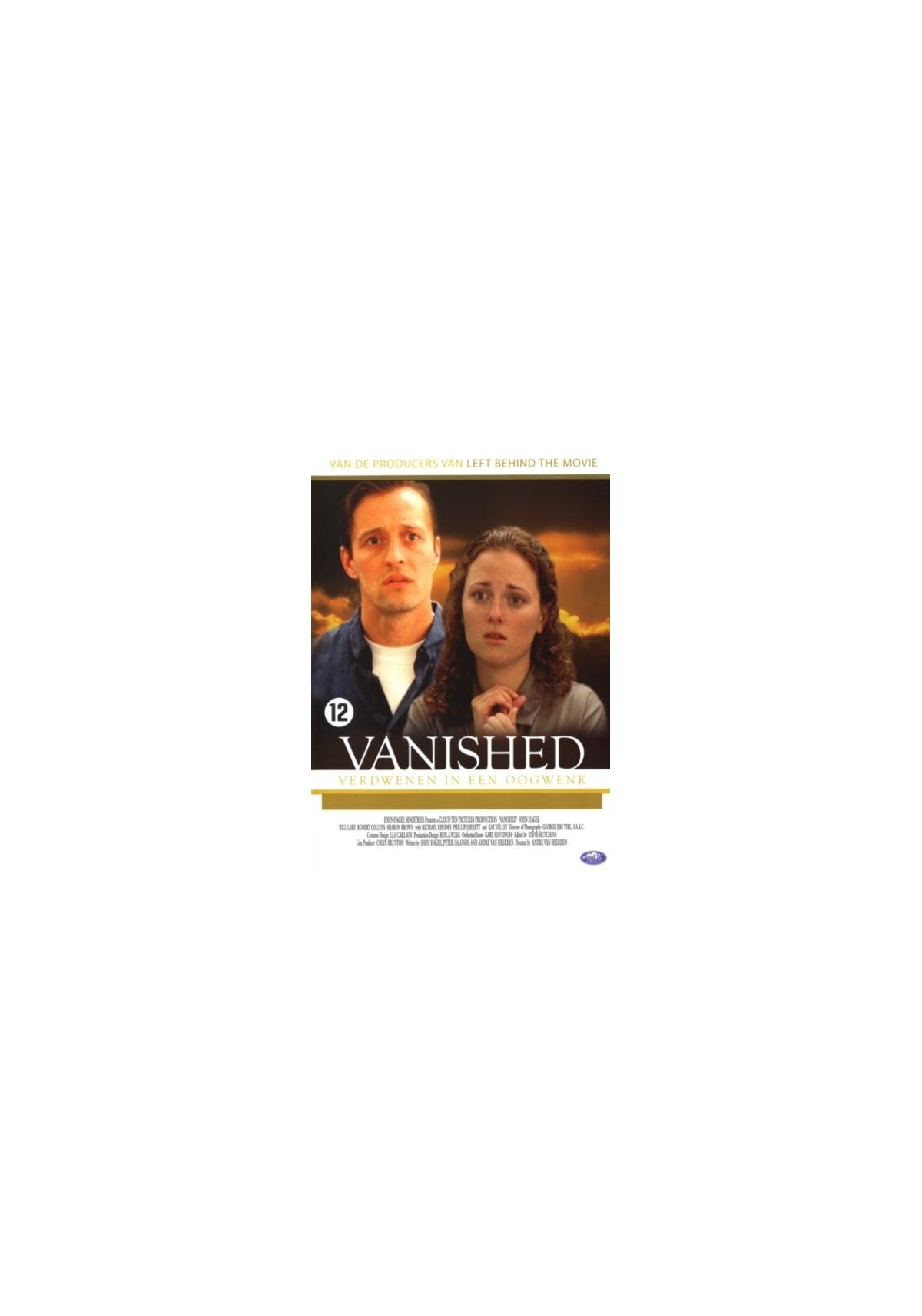 Affiche du film "Vanished" avec un couple inquiet. Comprend du texte et une classification.
