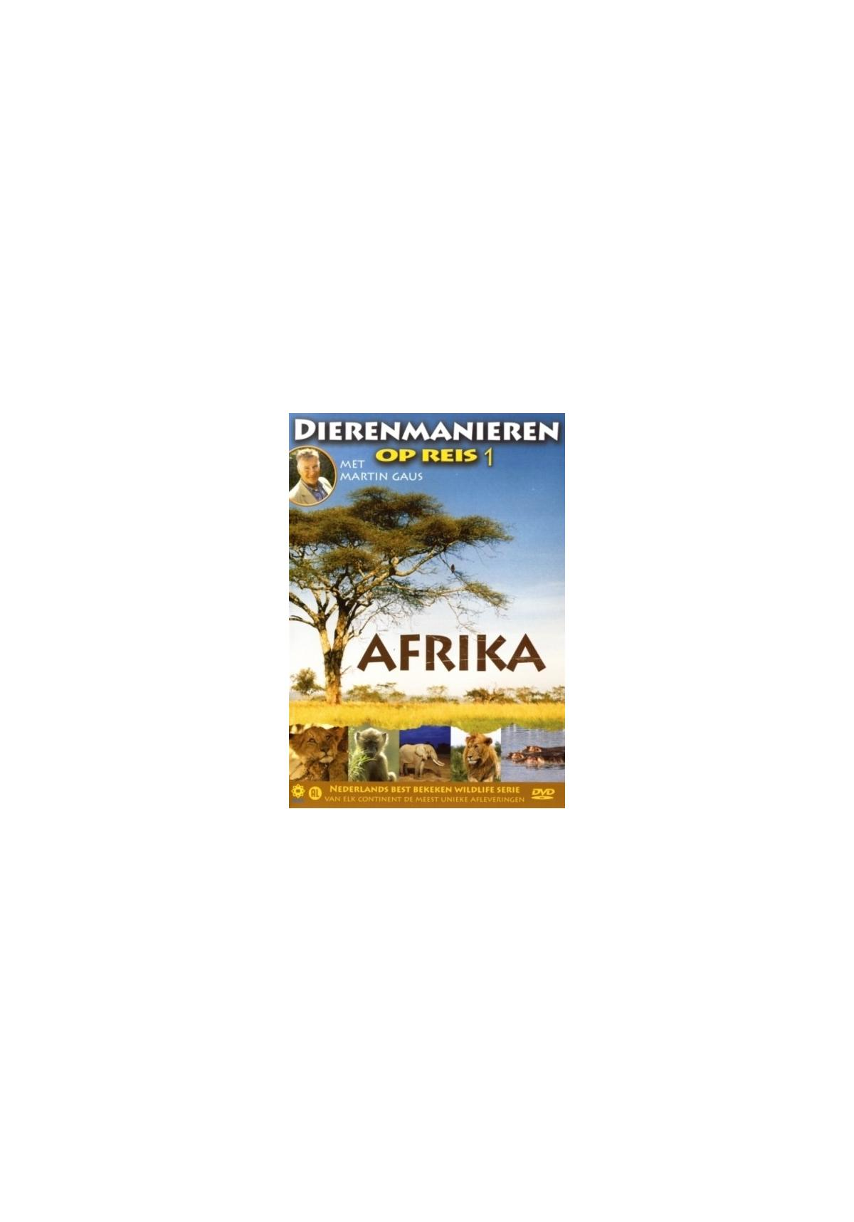 Filmposter van 'Dierenmanieren Op Reis 1 Afrika' met een boom en dieren, tekst en een DVD-label.