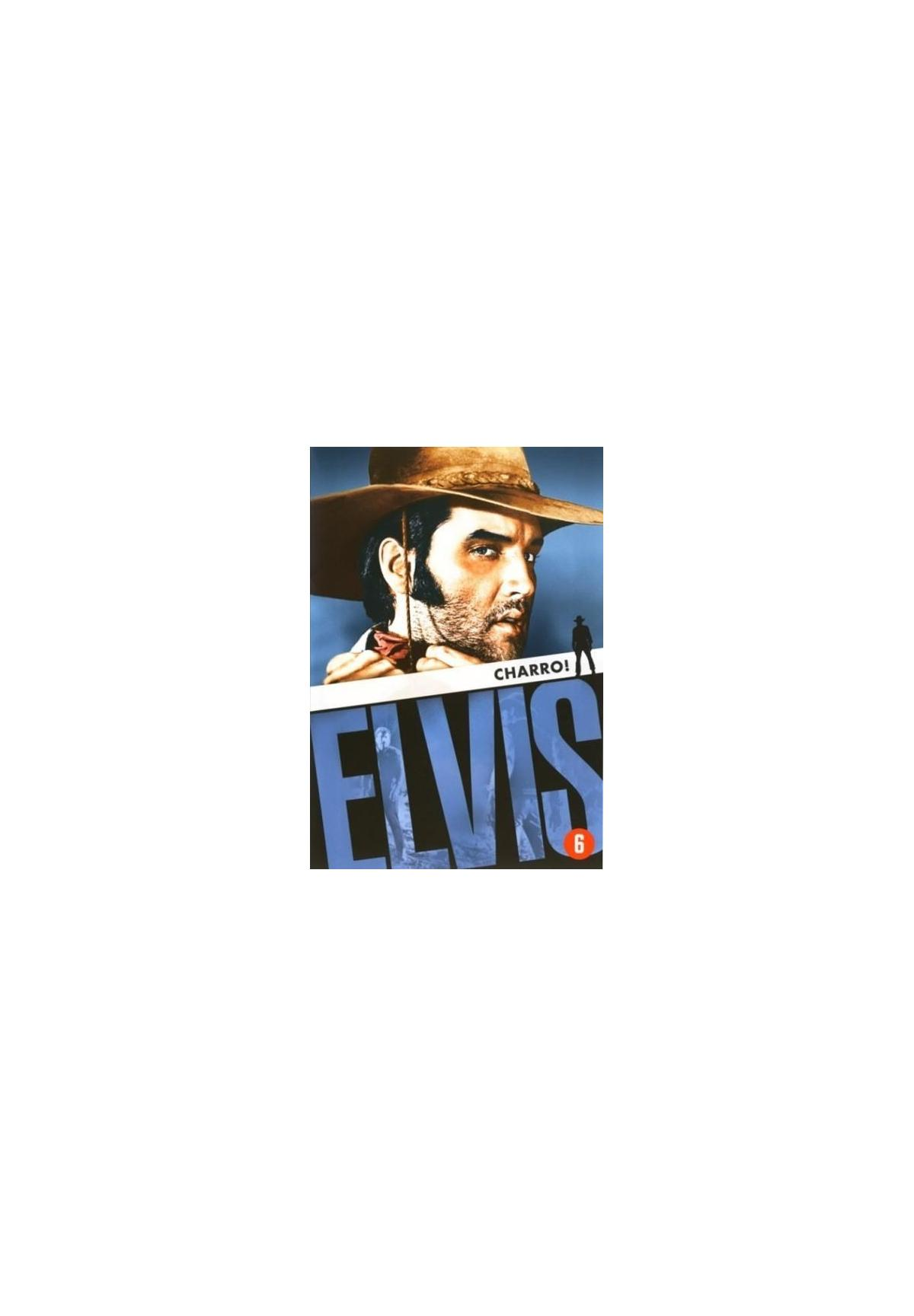 Filmposter met Elvis. Titel is 'Charro'. Elvis met cowboyhoed. Western thema.