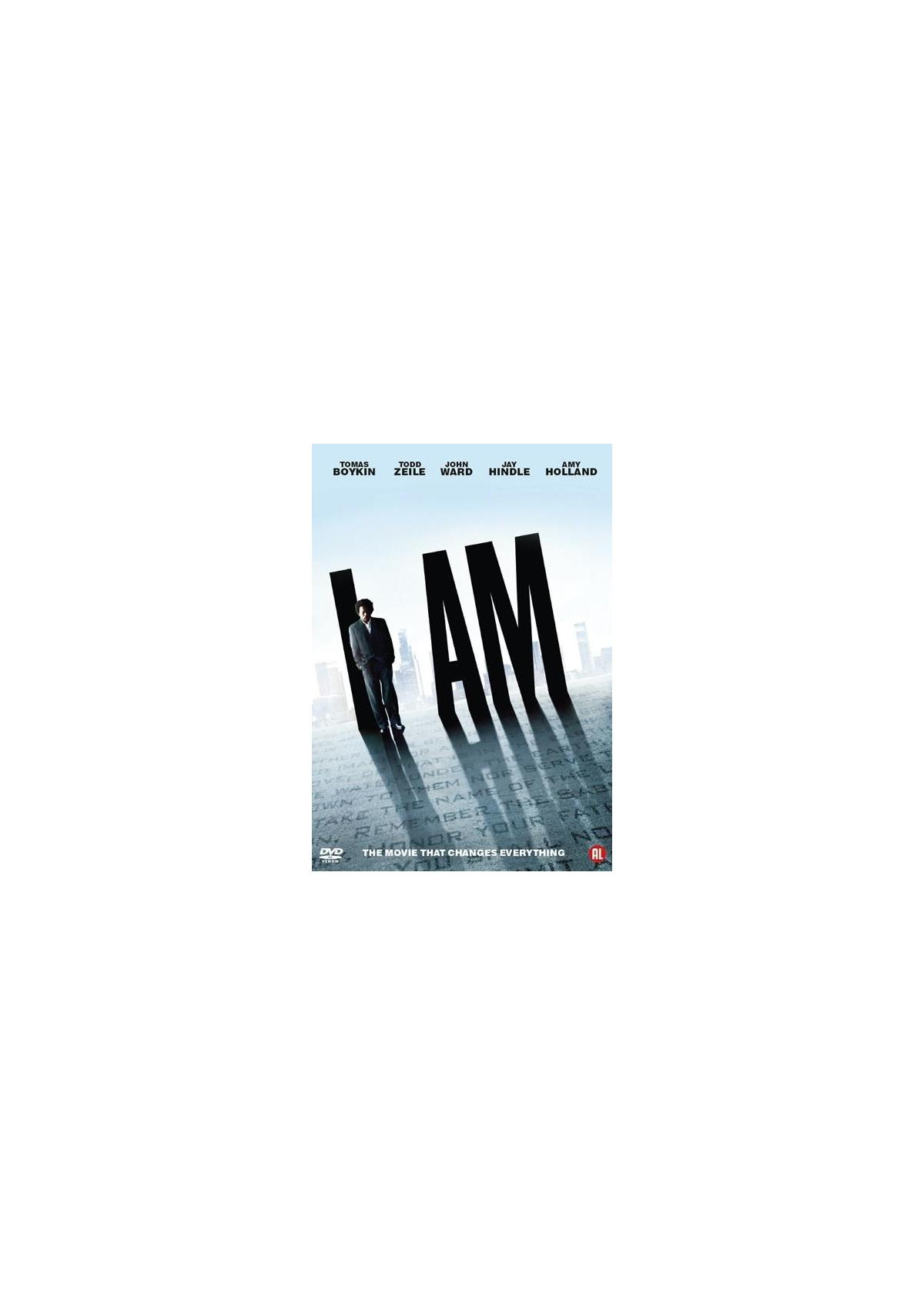 DVD-hoes van I Am met een man en wolkenkrabbers op de achtergrond.